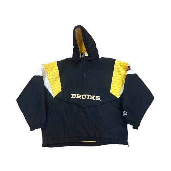 Vintage 1990's Boston Bruins NHL Starter Hooded Puffer Jacket Black Men's XL - Picture 1 of 8